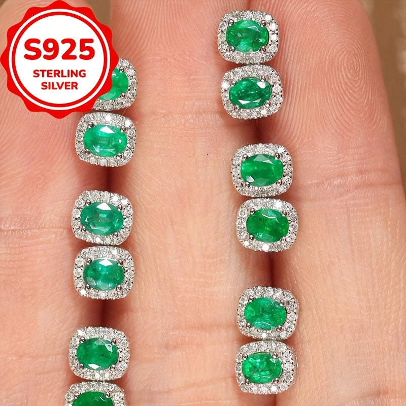 1pc S925 Sterling Silvery Unique Created-Emerald Oval Stud Earrings, Versatile French Luxury Style Women's Fashionable European & American Ear Accessories, Perfect Holiday Gift for Her