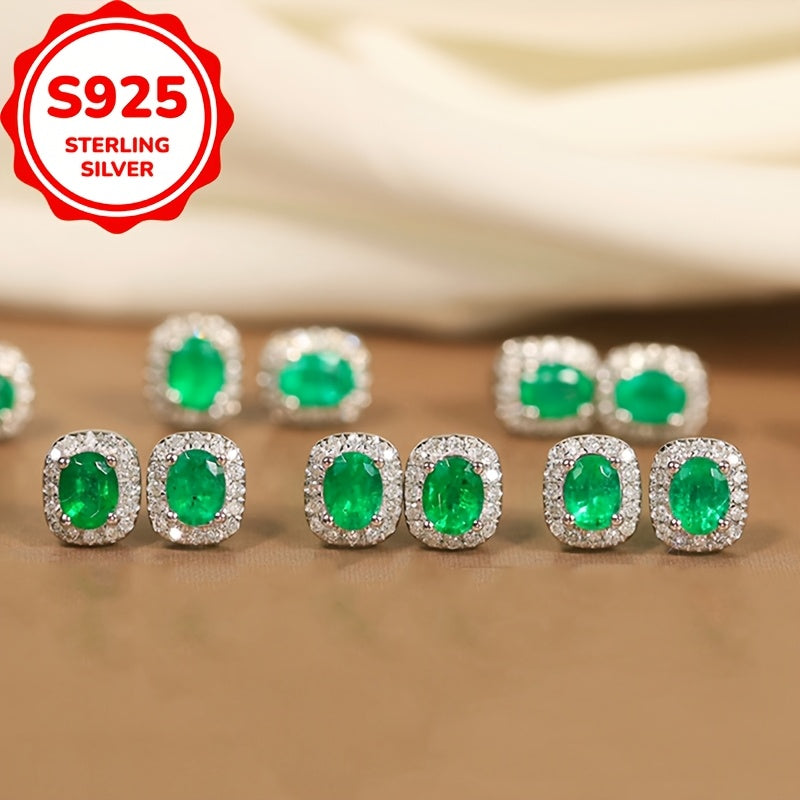 1pc S925 Sterling Silvery Unique Created-Emerald Oval Stud Earrings, Versatile French Luxury Style Women's Fashionable European & American Ear Accessories, Perfect Holiday Gift for Her