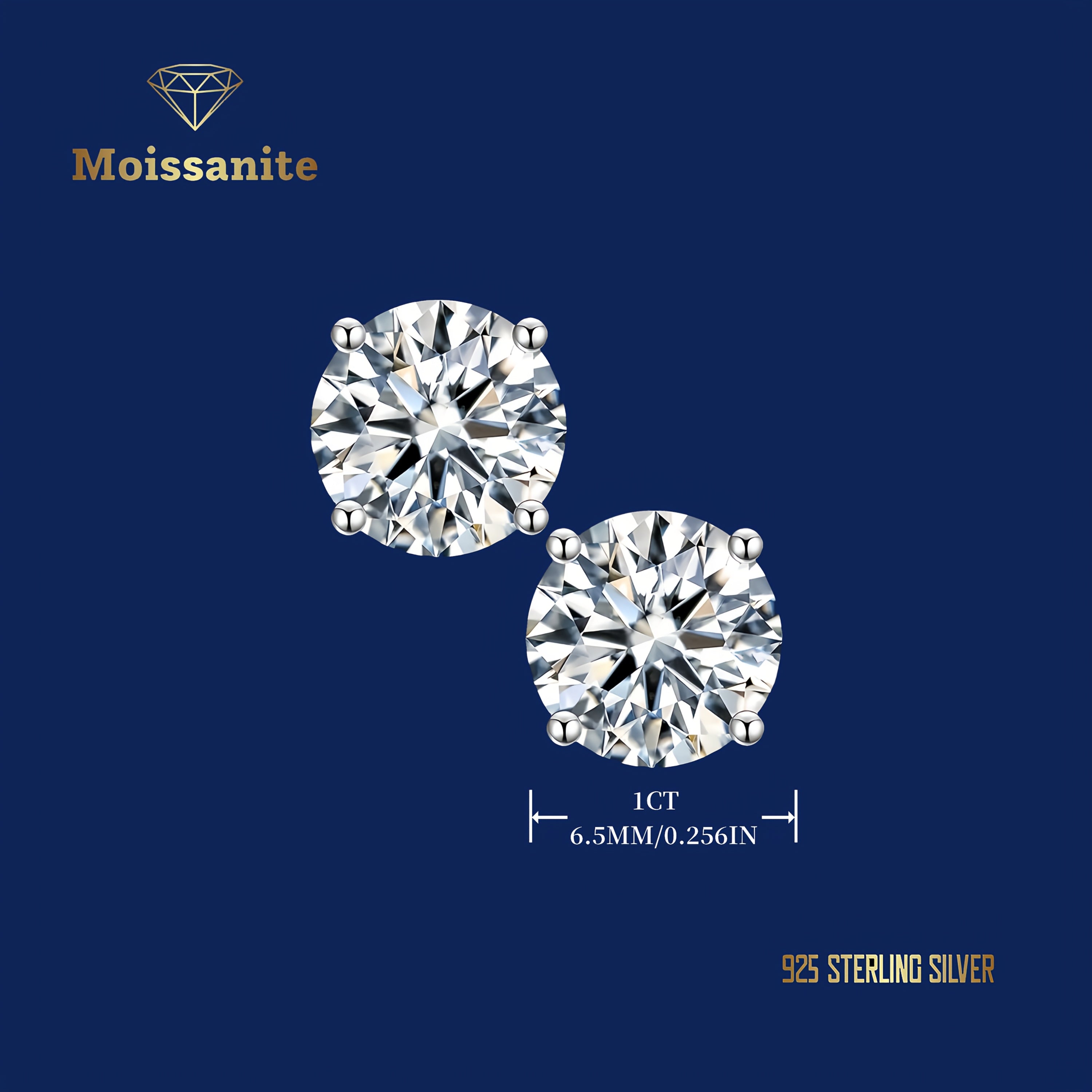 1 Pair Moissanite Stud Earrings 1CT, 2CT, 4CT, 6CT D Color VVS1 Clarity Brilliant Round Cut Lab Moissanite 18K gold plated White Golden Plated 925 Sterling 925 Silver Earring Jewelry Gifts for Men Girls with Jewelry Box, for Teenager