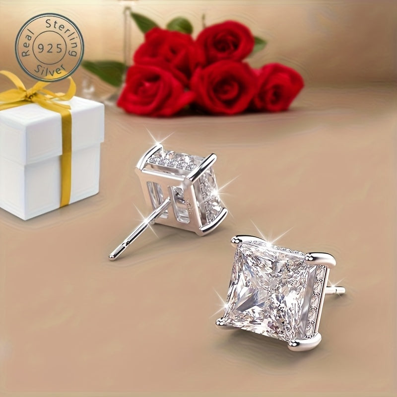 925 Silver Square Super Sparkling Zirconia Earrings, Hypoallergenic, Women'S Jewelry, Low-key Luxury, Simple And Elegant, Small And Versatile, Cheap ' Accessories, Jewelry, Birthday, Mother'S Day, Valentine'S Day Gifts, Gift Box