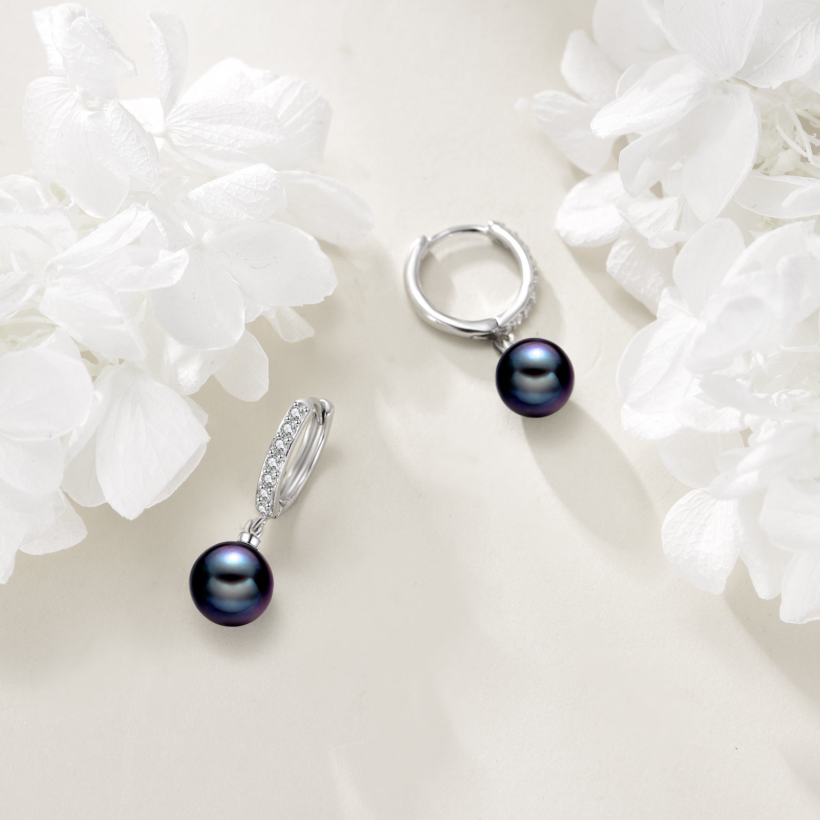 VONALA 925 Sterling Silver Black Synthetic Pearl Hoop Earrings with Sparkling Rhinestones - Dangle Drop Jewelry for Women, Elegant Gift for Christmas and Daily Wear, Christmas Earrings | Elegant Dangle Earrings | Rhinestone Accents, Pearl Earrings