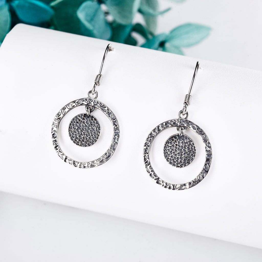 Hammered Earrings Sterling Silvery Hammered Dangle Drop Earrings Circle Jewelry Gift for Women