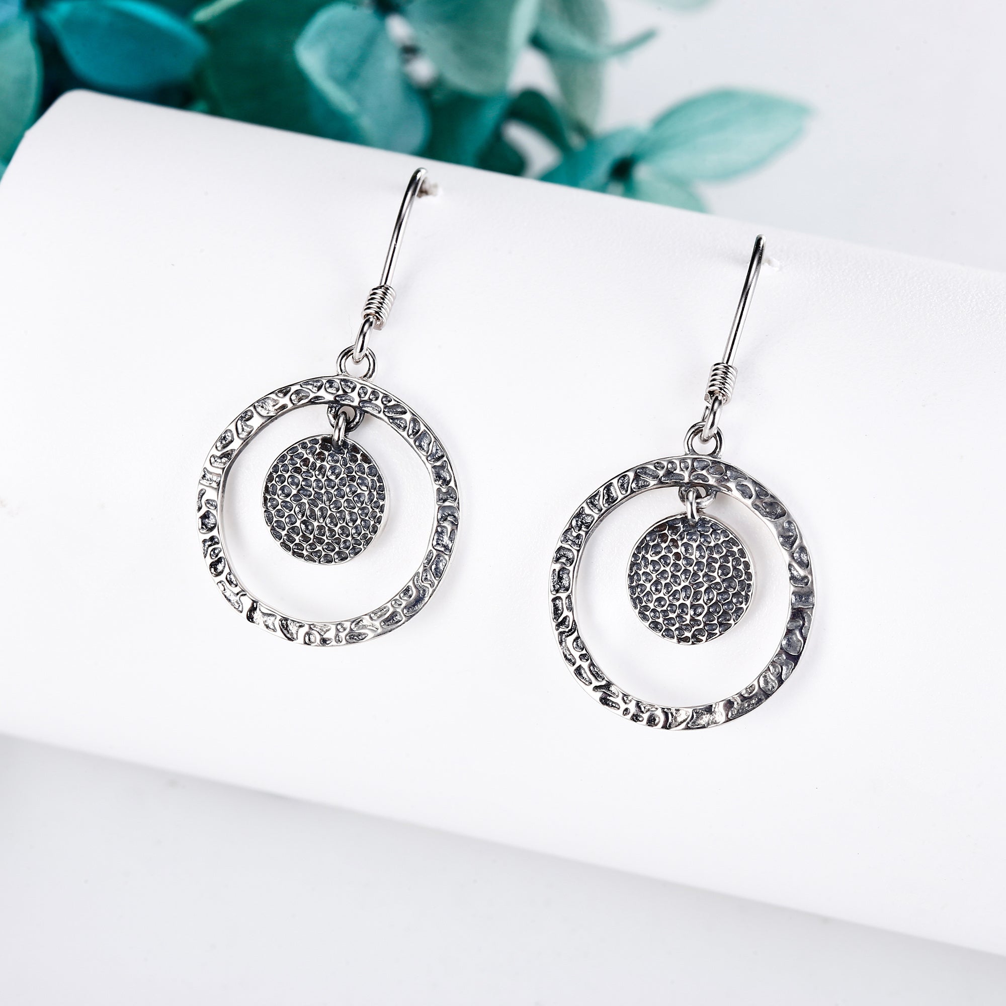 Hammered Earrings Sterling Silvery Hammered Dangle Drop Earrings Circle Jewelry Gift for Women