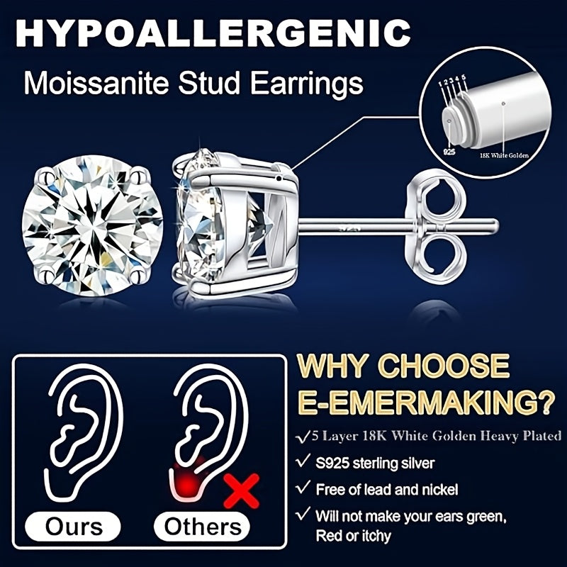 1 Pair Moissanite Stud Earrings 1CT, 2CT, 4CT, 6CT D Color VVS1 Clarity Brilliant Round Cut Lab Moissanite 18K gold plated White Golden Plated 925 Sterling 925 Silver Earring Jewelry Gifts for Men Girls with Jewelry Box, for Teenager