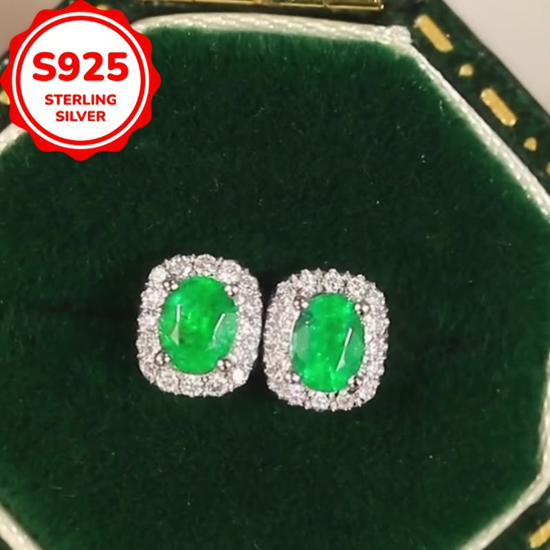1pc S925 Sterling Silvery Unique Created-Emerald Oval Stud Earrings, Versatile French Luxury Style Women's Fashionable European & American Ear Accessories, Perfect Holiday Gift for Her