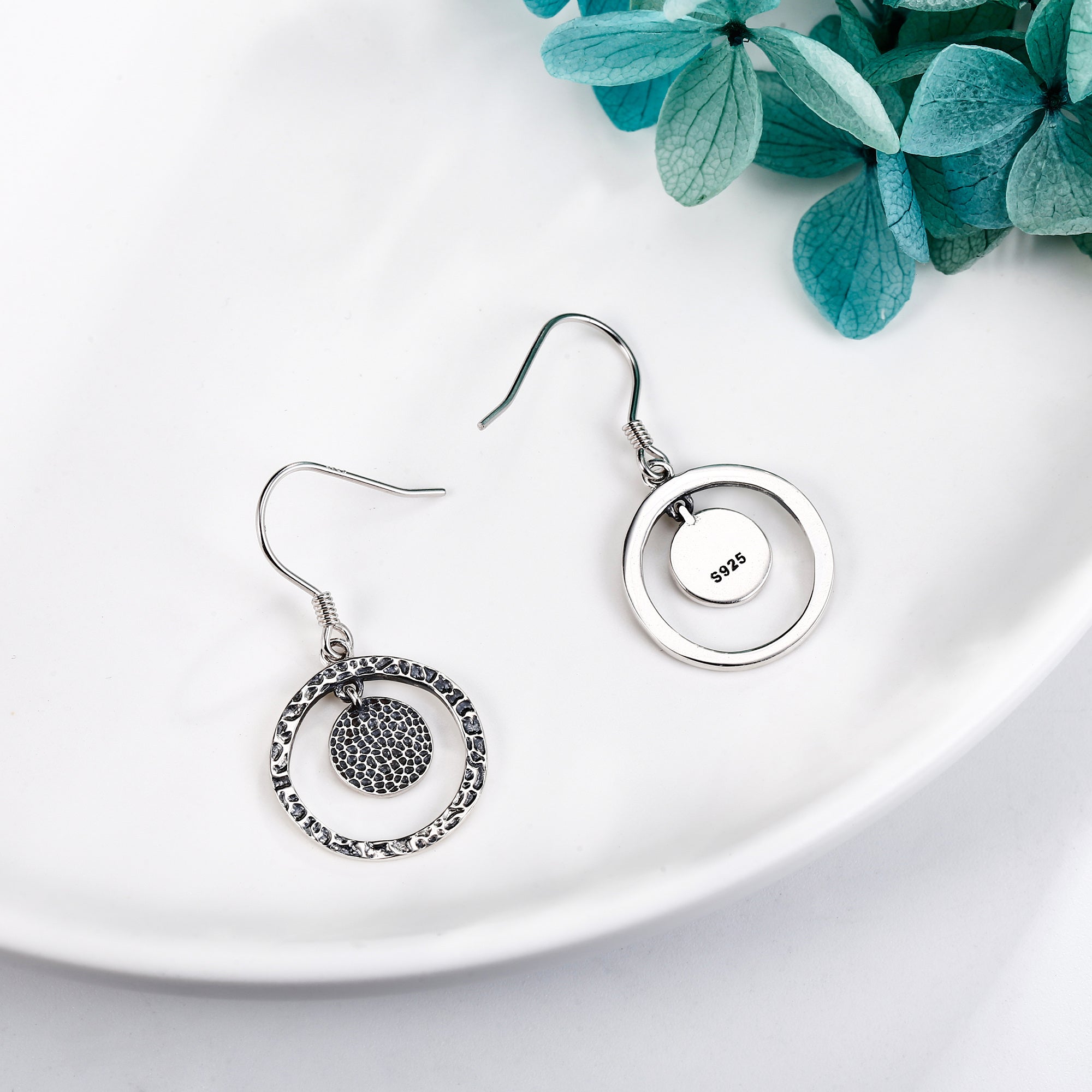 Hammered Earrings Sterling Silvery Hammered Dangle Drop Earrings Circle Jewelry Gift for Women