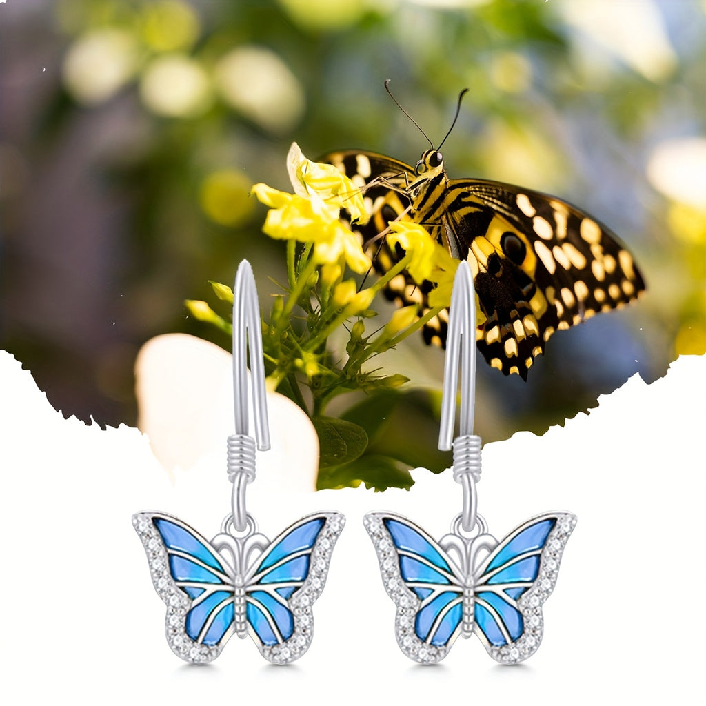 SISGEM 10k White Golden Blue Butterfly Drop Earrings for Women - Elegant Dangle Jewelry with Sparkling Accents, Perfect Gift for Her, Everyday & Special Occasions, Butterfly Earrings