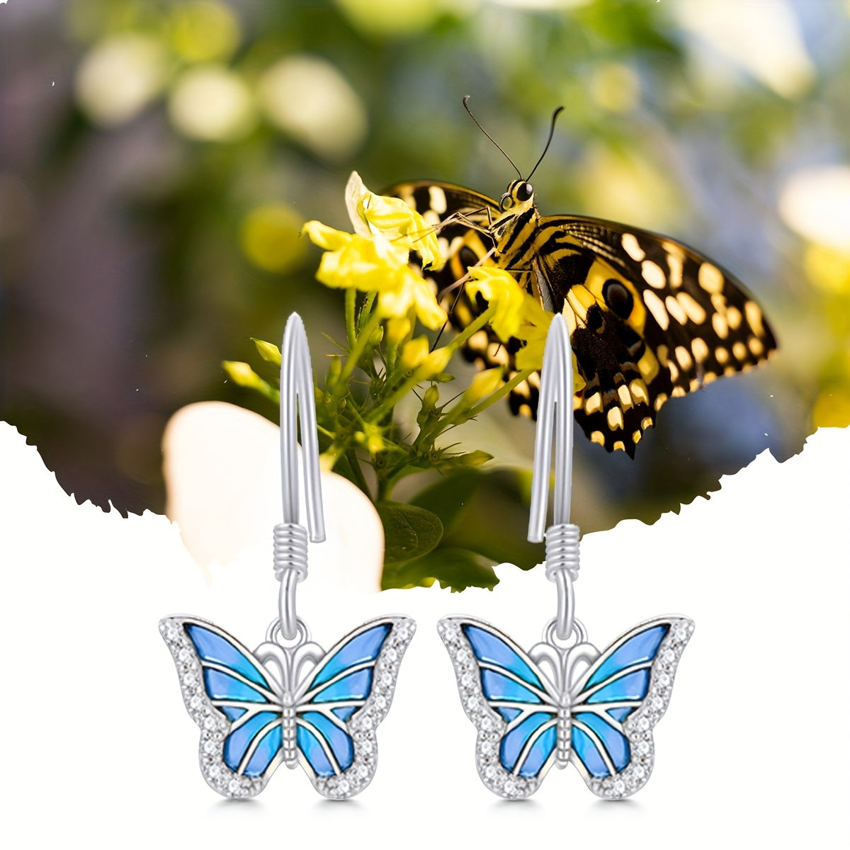 SISGEM 10k White Golden Blue Butterfly Drop Earrings for Women - Elegant Dangle Jewelry with Sparkling Accents, Perfect Gift for Her, Everyday & Special Occasions, Butterfly Earrings