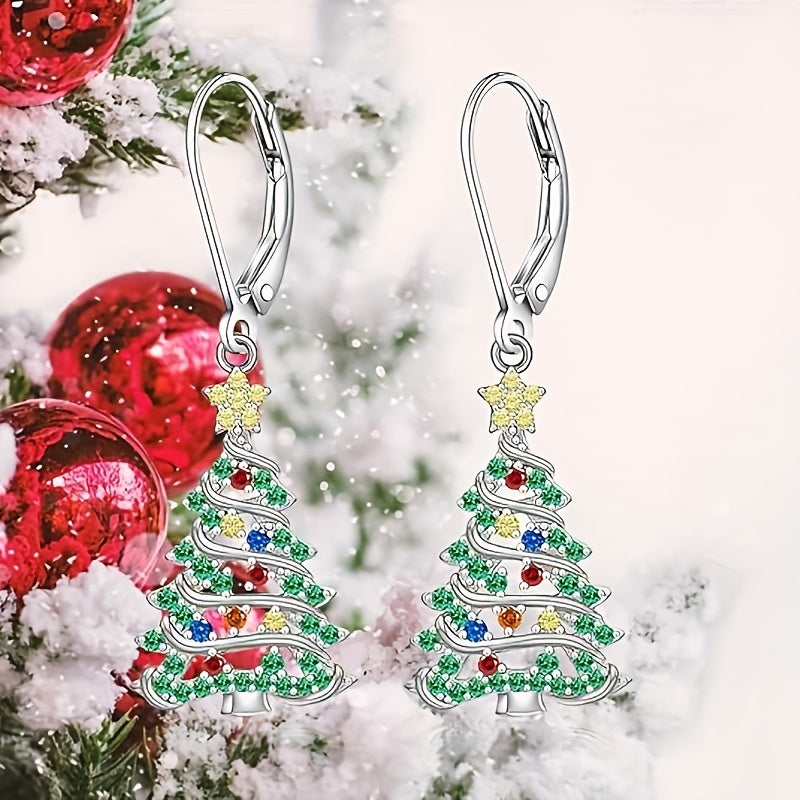 Elegant Christmas Tree Pendant Earrings Set with Shiny Cubic Synthetic Zirconia Nickel Free Copper, Suitable for Daily Wear And Parties