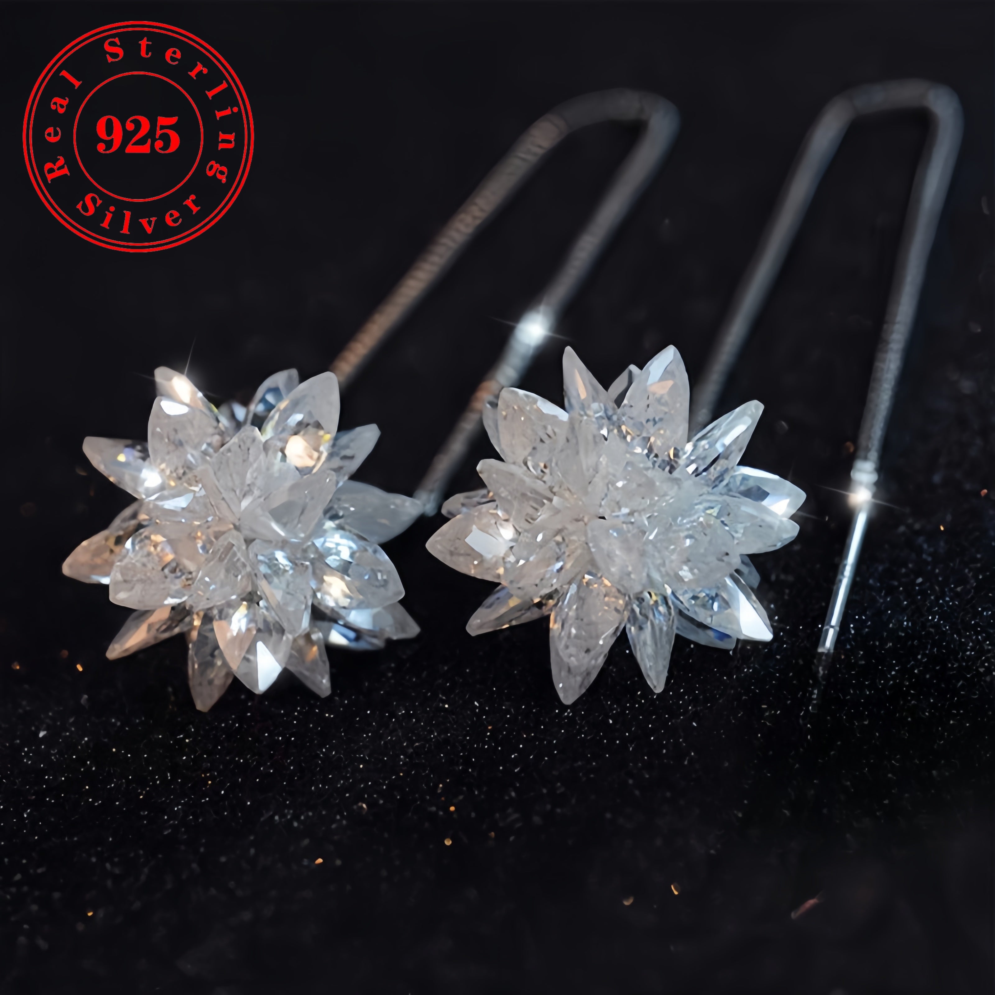 925 sterling Silvery earrings with sparkling flower design, set with sparkling low sensitivity earrings, wedding jewelry