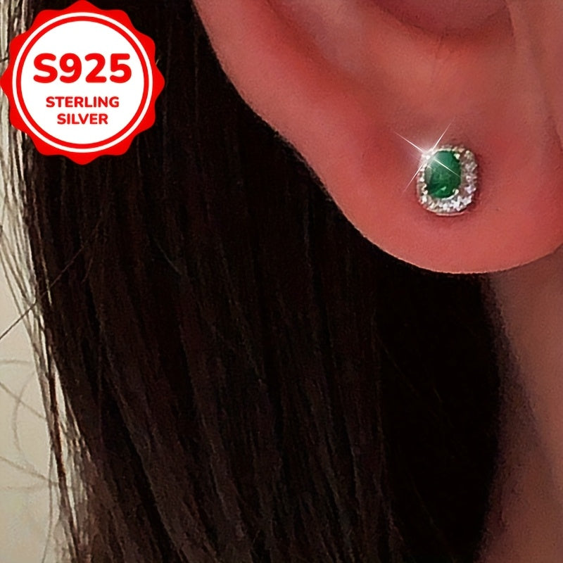 1pc S925 Sterling Silvery Unique Created-Emerald Oval Stud Earrings, Versatile French Luxury Style Women's Fashionable European & American Ear Accessories, Perfect Holiday Gift for Her