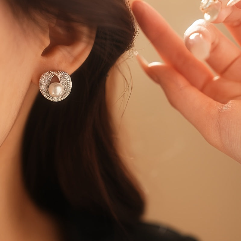 Jade Round Imitation Pearl Earrings Women's Unique Studs Elegant Minimalist Jewelry Wedding