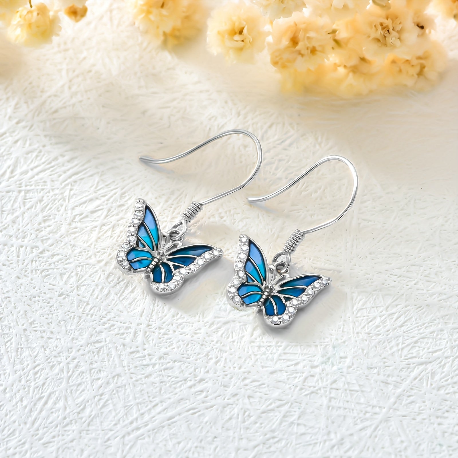 SISGEM 10k White Golden Blue Butterfly Drop Earrings for Women - Elegant Dangle Jewelry with Sparkling Accents, Perfect Gift for Her, Everyday & Special Occasions, Butterfly Earrings