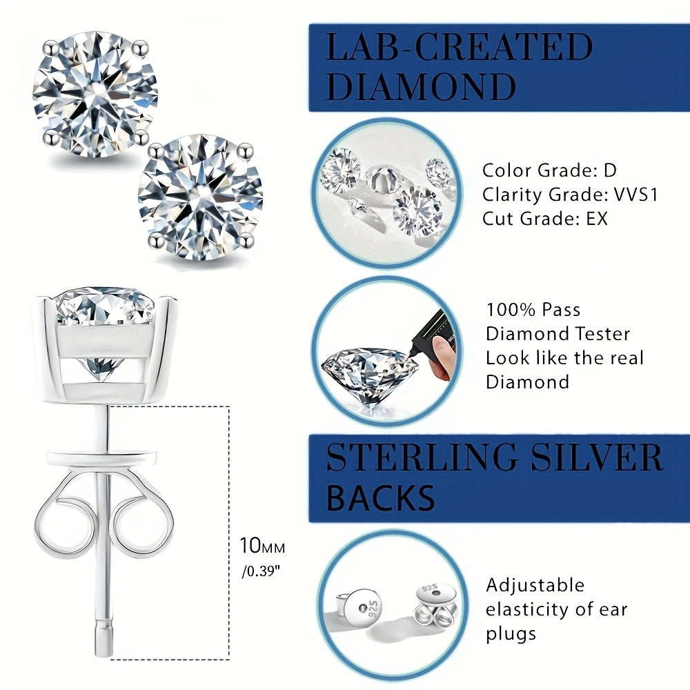 1 Pair Moissanite Stud Earrings 1CT, 2CT, 4CT, 6CT D Color VVS1 Clarity Brilliant Round Cut Lab Moissanite 18K gold plated White Golden Plated 925 Sterling 925 Silver Earring Jewelry Gifts for Men Girls with Jewelry Box, for Teenager