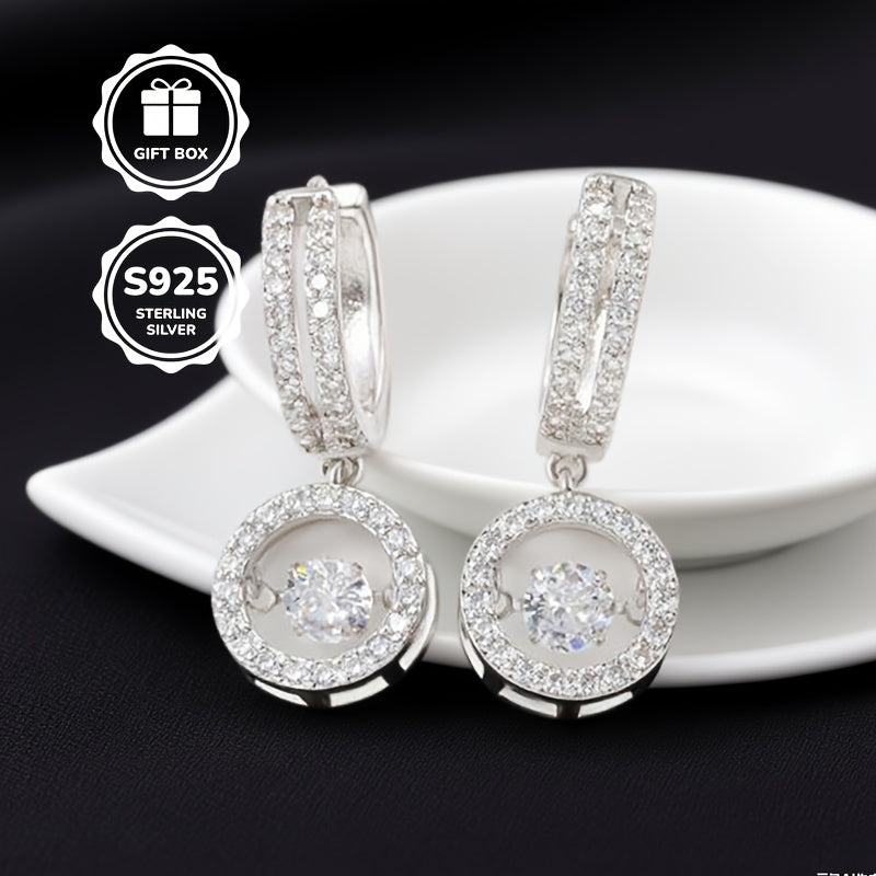 S925 Silvery Plated Sticker Earrings Charming Dancing Cubic Synthetic Zirconia Pendant Earrings Ladies' Shiny Circular Halo Cz Pendant Earrings, Clear Fashionable Jewelry Daughter's Mother's Birthday Party Gift