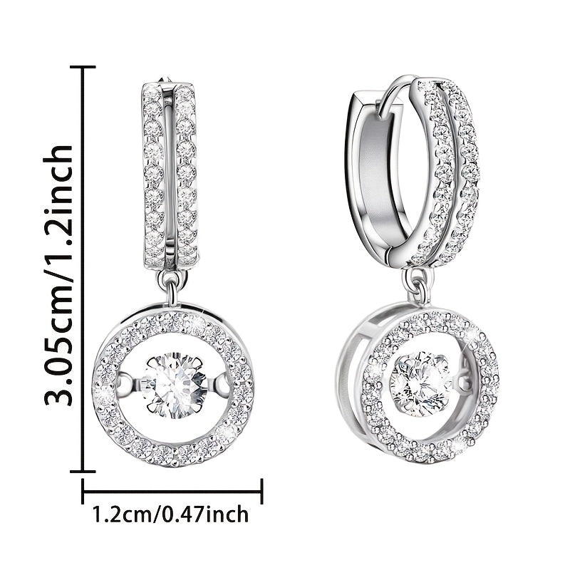 S925 Silvery Plated Sticker Earrings Charming Dancing Cubic Synthetic Zirconia Pendant Earrings Ladies' Shiny Circular Halo Cz Pendant Earrings, Clear Fashionable Jewelry Daughter's Mother's Birthday Party Gift