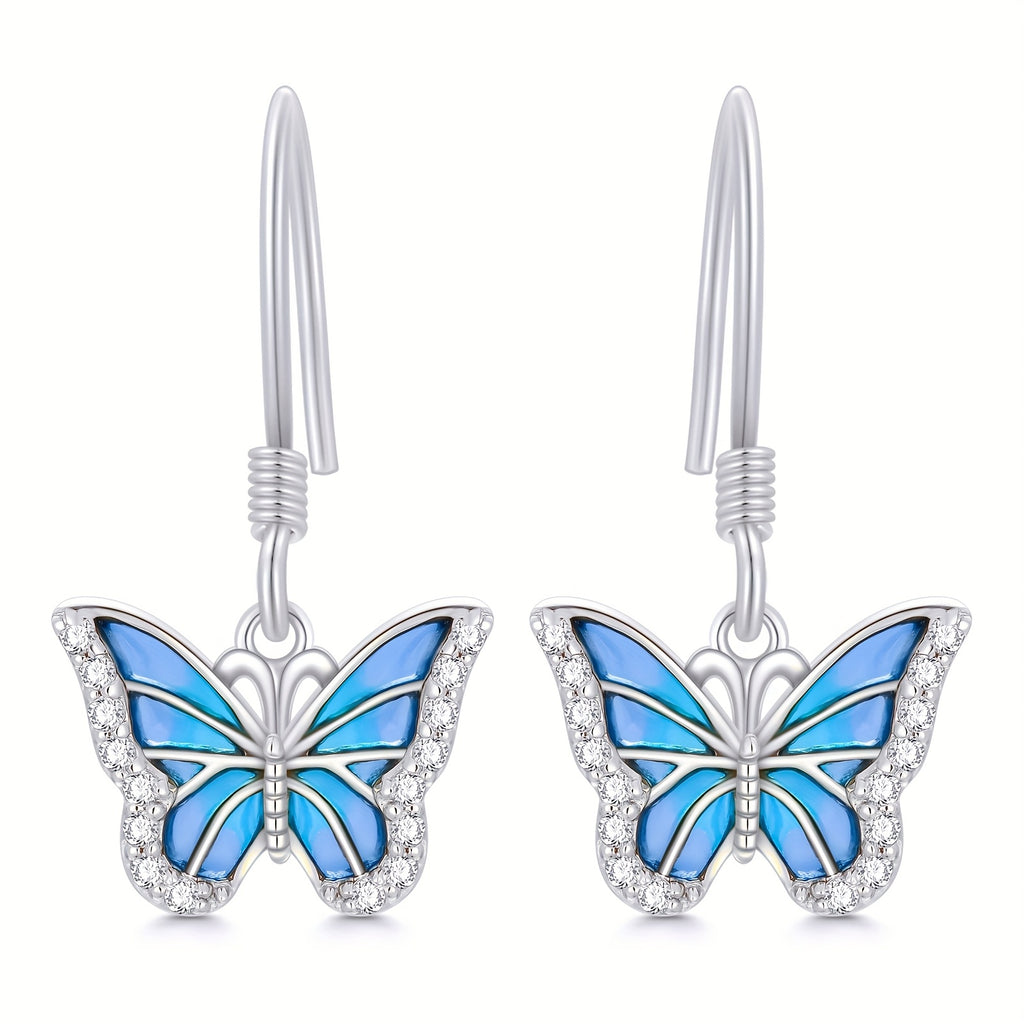 SISGEM 10k White Golden Blue Butterfly Drop Earrings for Women - Elegant Dangle Jewelry with Sparkling Accents, Perfect Gift for Her, Everyday & Special Occasions, Butterfly Earrings
