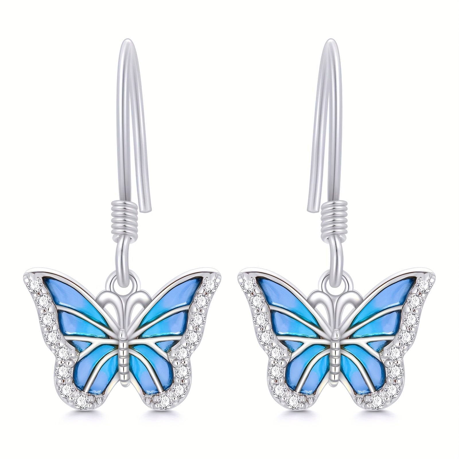 SISGEM 10k White Golden Blue Butterfly Drop Earrings for Women - Elegant Dangle Jewelry with Sparkling Accents, Perfect Gift for Her, Everyday & Special Occasions, Butterfly Earrings