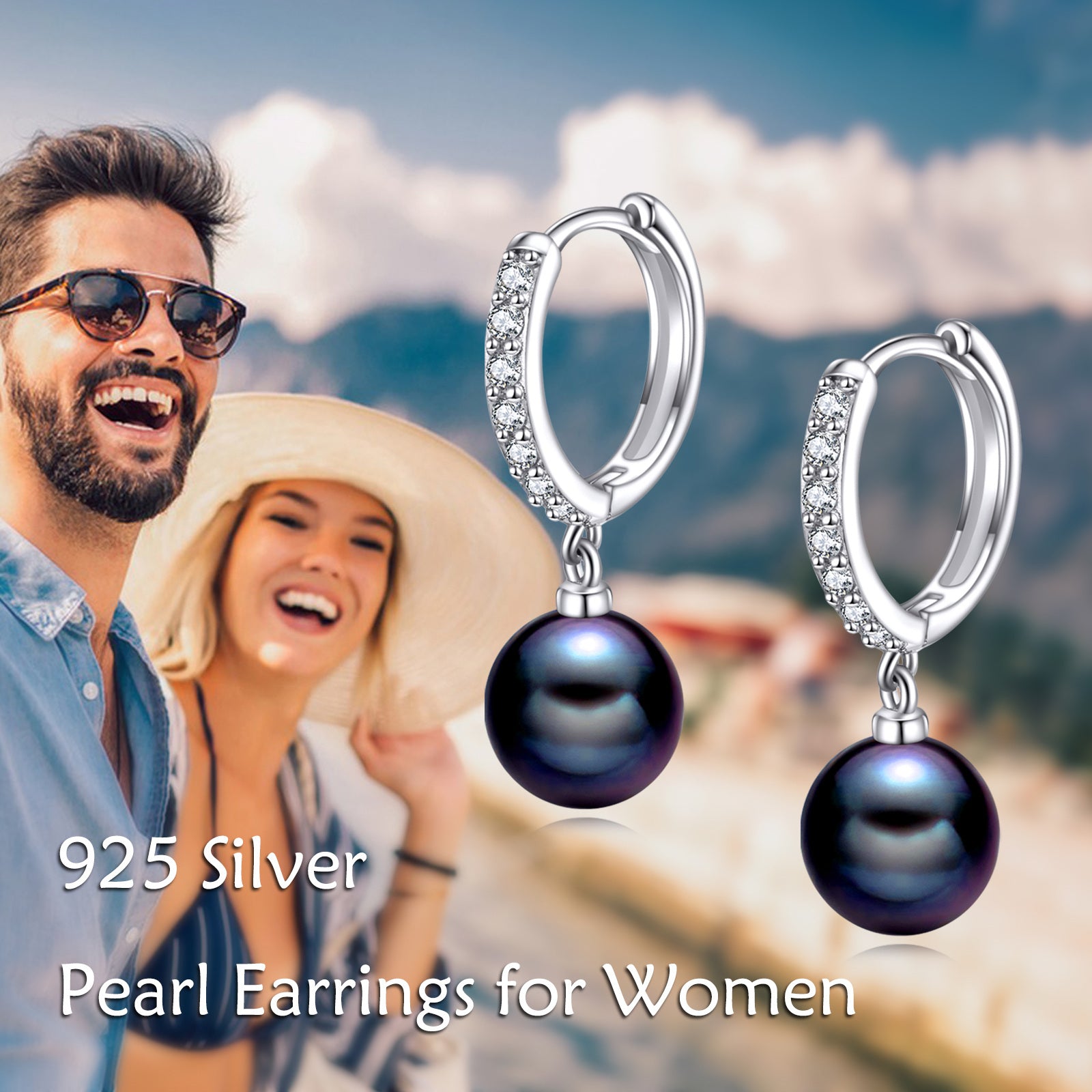 925 Sterling Silver Black Synthetic Pearl Hoop Earrings Dangle Drop Jewelry Gifts for Women (Black Synthetic Pearl-CZ)