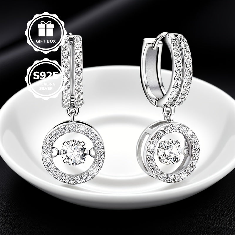 S925 Silvery Plated Sticker Earrings Charming Dancing Cubic Synthetic Zirconia Pendant Earrings Ladies' Shiny Circular Halo Cz Pendant Earrings, Clear Fashionable Jewelry Daughter's Mother's Birthday Party Gift