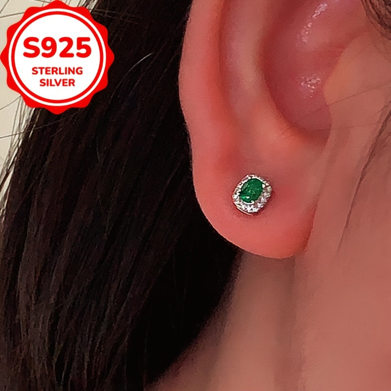 1pc S925 Sterling Silvery Unique Created-Emerald Oval Stud Earrings, Versatile French Luxury Style Women's Fashionable European & American Ear Accessories, Perfect Holiday Gift for Her