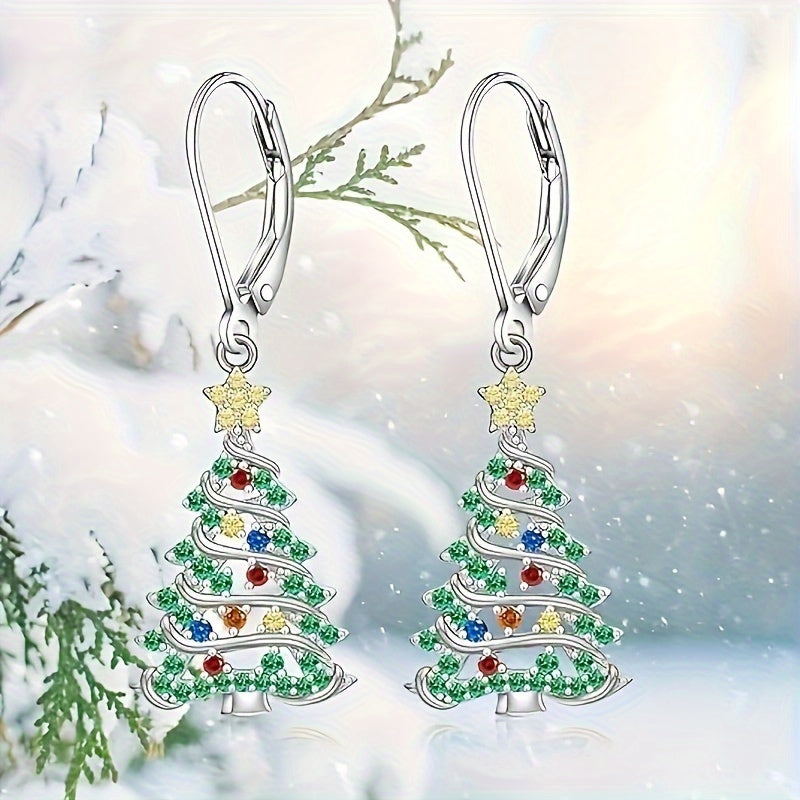 Elegant Christmas Tree Pendant Earrings Set with Shiny Cubic Synthetic Zirconia Nickel Free Copper, Suitable for Daily Wear And Parties