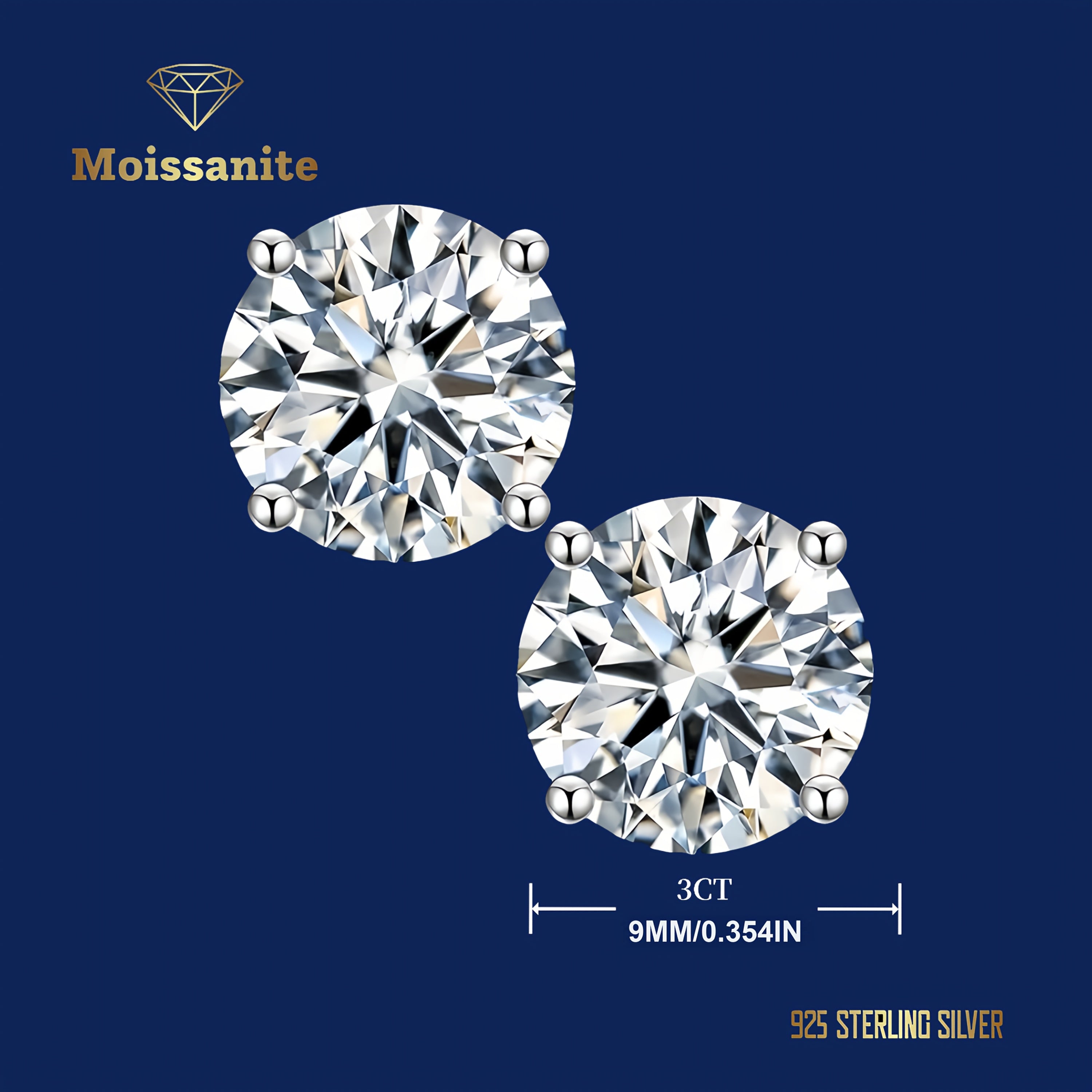 1 Pair Moissanite Stud Earrings 1CT, 2CT, 4CT, 6CT D Color VVS1 Clarity Brilliant Round Cut Lab Moissanite 18K gold plated White Golden Plated 925 Sterling 925 Silver Earring Jewelry Gifts for Men Girls with Jewelry Box, for Teenager