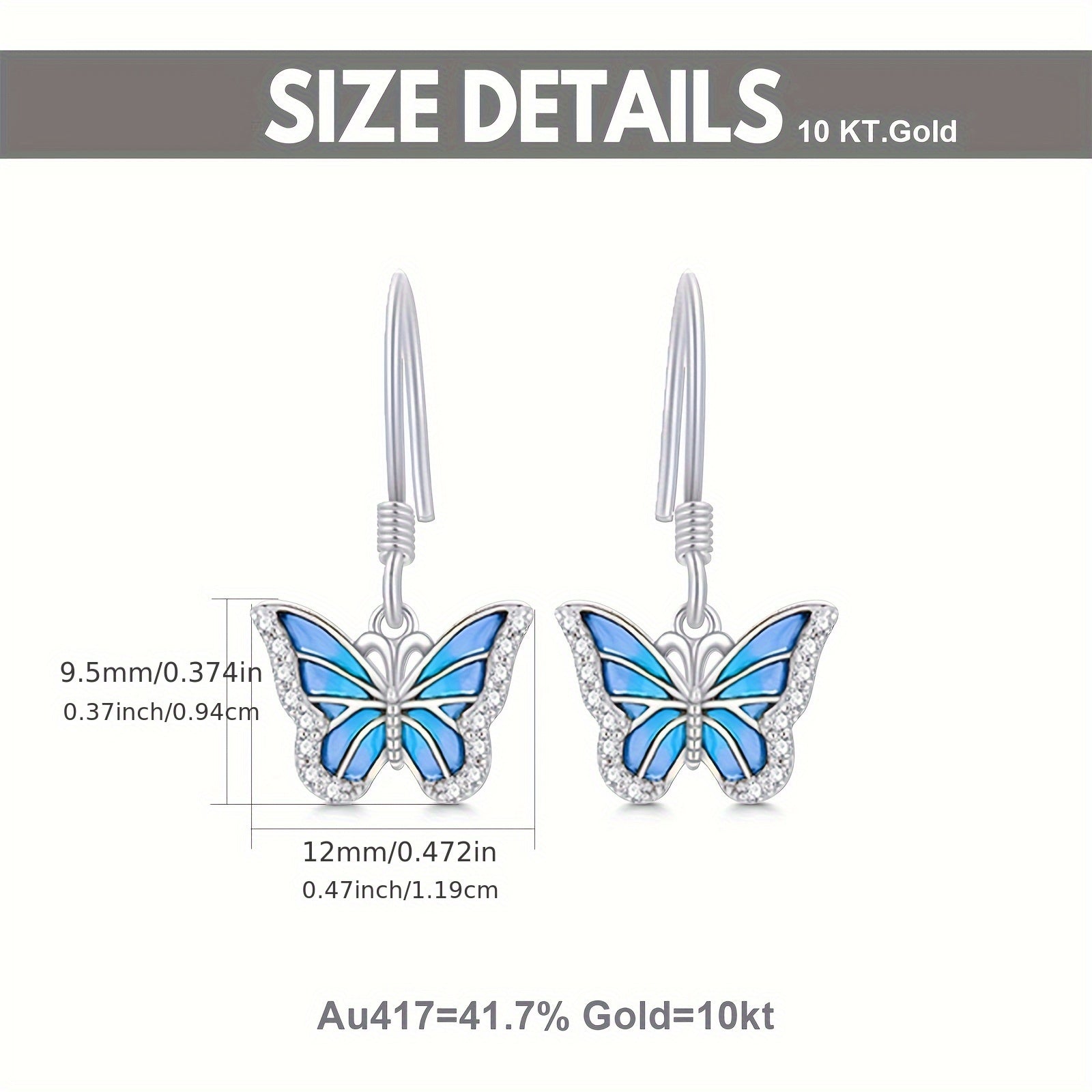 SISGEM 10k White Golden Blue Butterfly Drop Earrings for Women - Elegant Dangle Jewelry with Sparkling Accents, Perfect Gift for Her, Everyday & Special Occasions, Butterfly Earrings