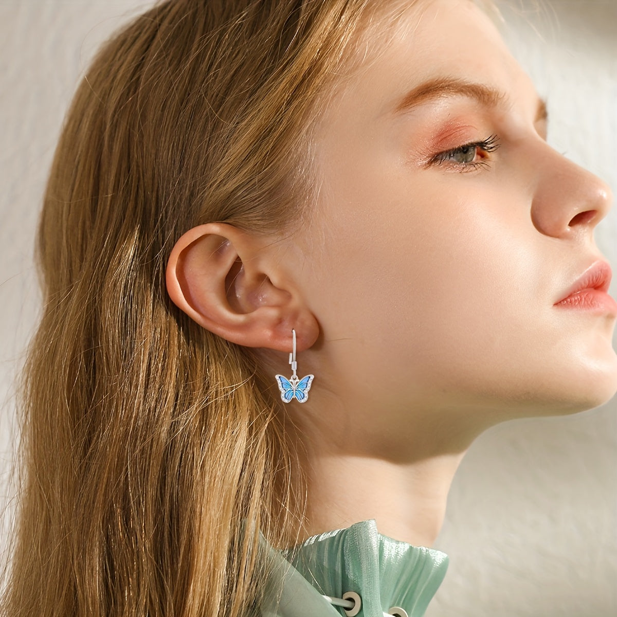 SISGEM 10k White Golden Blue Butterfly Drop Earrings for Women - Elegant Dangle Jewelry with Sparkling Accents, Perfect Gift for Her, Everyday & Special Occasions, Butterfly Earrings