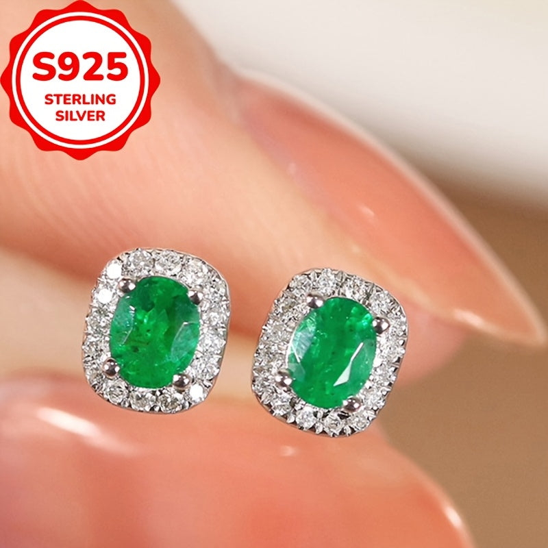 1pc S925 Sterling Silvery Unique Created-Emerald Oval Stud Earrings, Versatile French Luxury Style Women's Fashionable European & American Ear Accessories, Perfect Holiday Gift for Her
