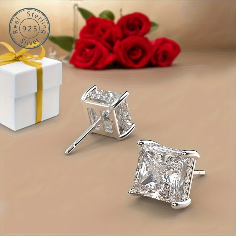 925 Silver Square Super Sparkling Zirconia Earrings, Hypoallergenic, Women'S Jewelry, Low-key Luxury, Simple And Elegant, Small And Versatile, Cheap ' Accessories, Jewelry, Birthday, Mother'S Day, Valentine'S Day Gifts, Gift Box