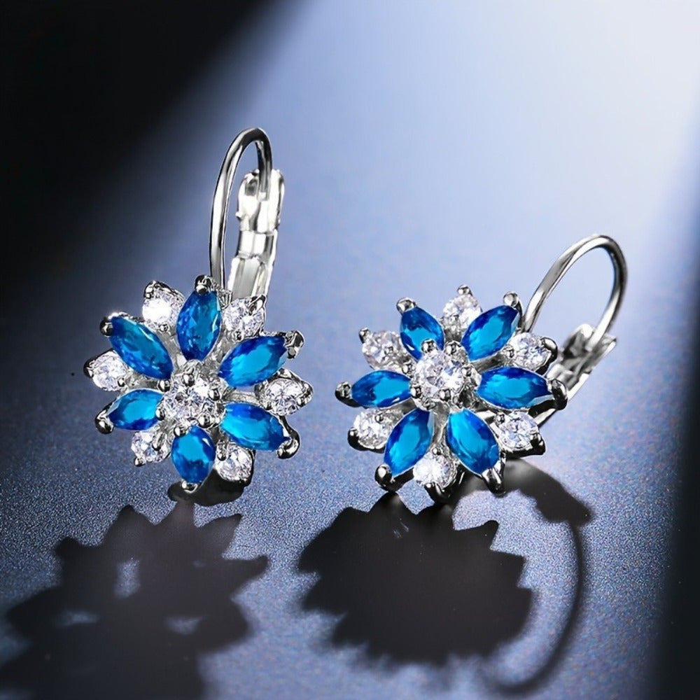 EJG 925 Sterling Silver Blue and White Snowflake Hoop Earring Buckle Light Luxury Winter Flower Exquisite Fashion Cold Style Two Colors Daily Versatile Female Earrings, Suitable for Back to, Party, Valentine'S Day Gift, Christmas Gift