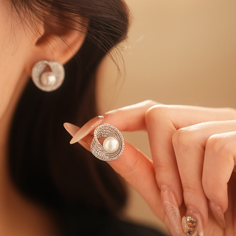 Jade Round Imitation Pearl Earrings Women's Unique Studs Elegant Minimalist Jewelry Wedding
