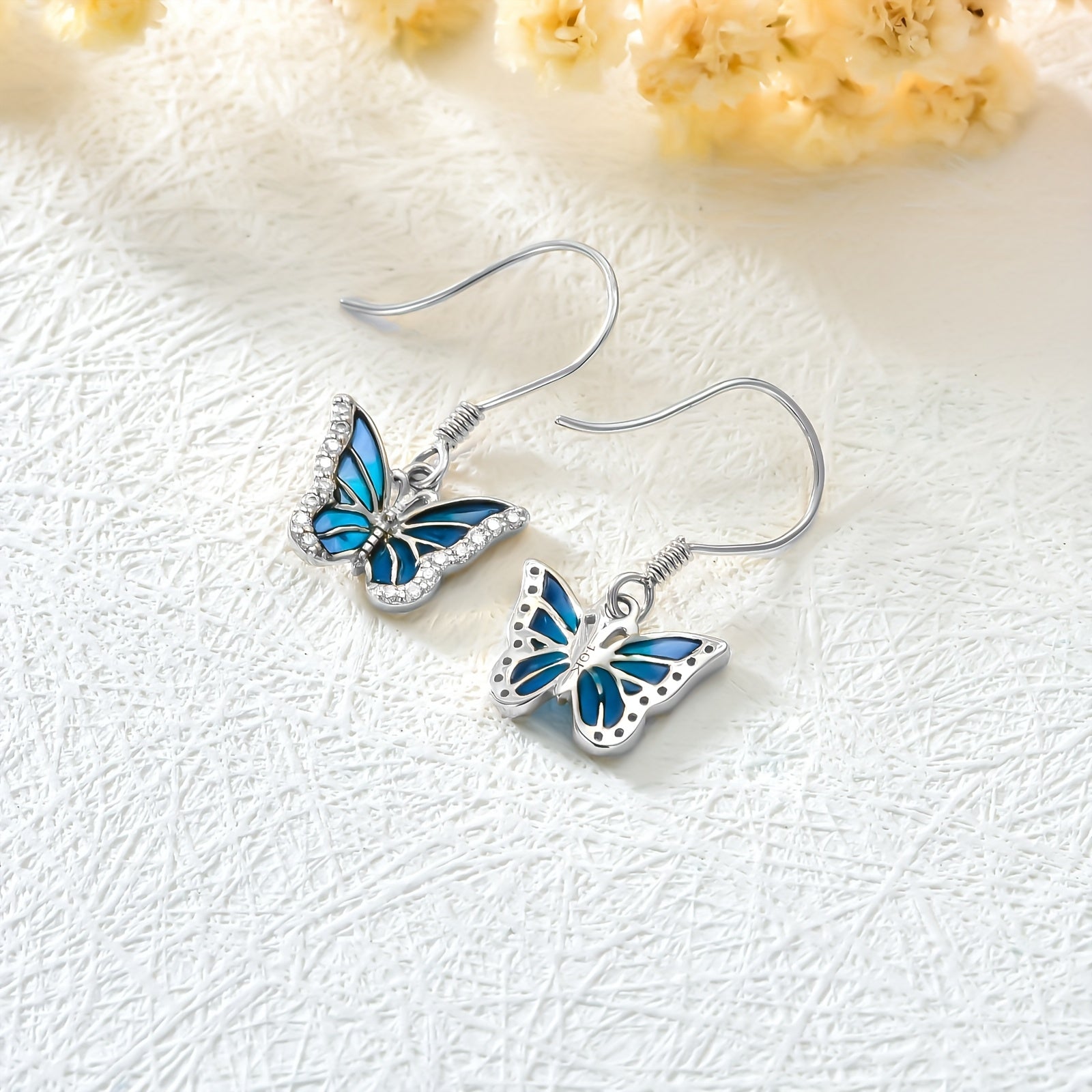 SISGEM 10k White Golden Blue Butterfly Drop Earrings for Women - Elegant Dangle Jewelry with Sparkling Accents, Perfect Gift for Her, Everyday & Special Occasions, Butterfly Earrings