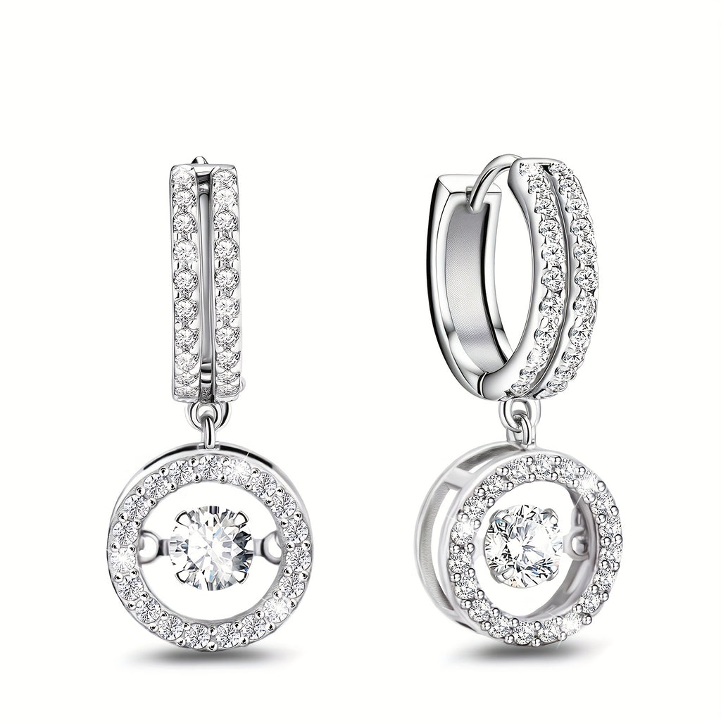 S925 Silvery Plated Sticker Earrings Charming Dancing Cubic Synthetic Zirconia Pendant Earrings Ladies' Shiny Circular Halo Cz Pendant Earrings, Clear Fashionable Jewelry Daughter's Mother's Birthday Party Gift