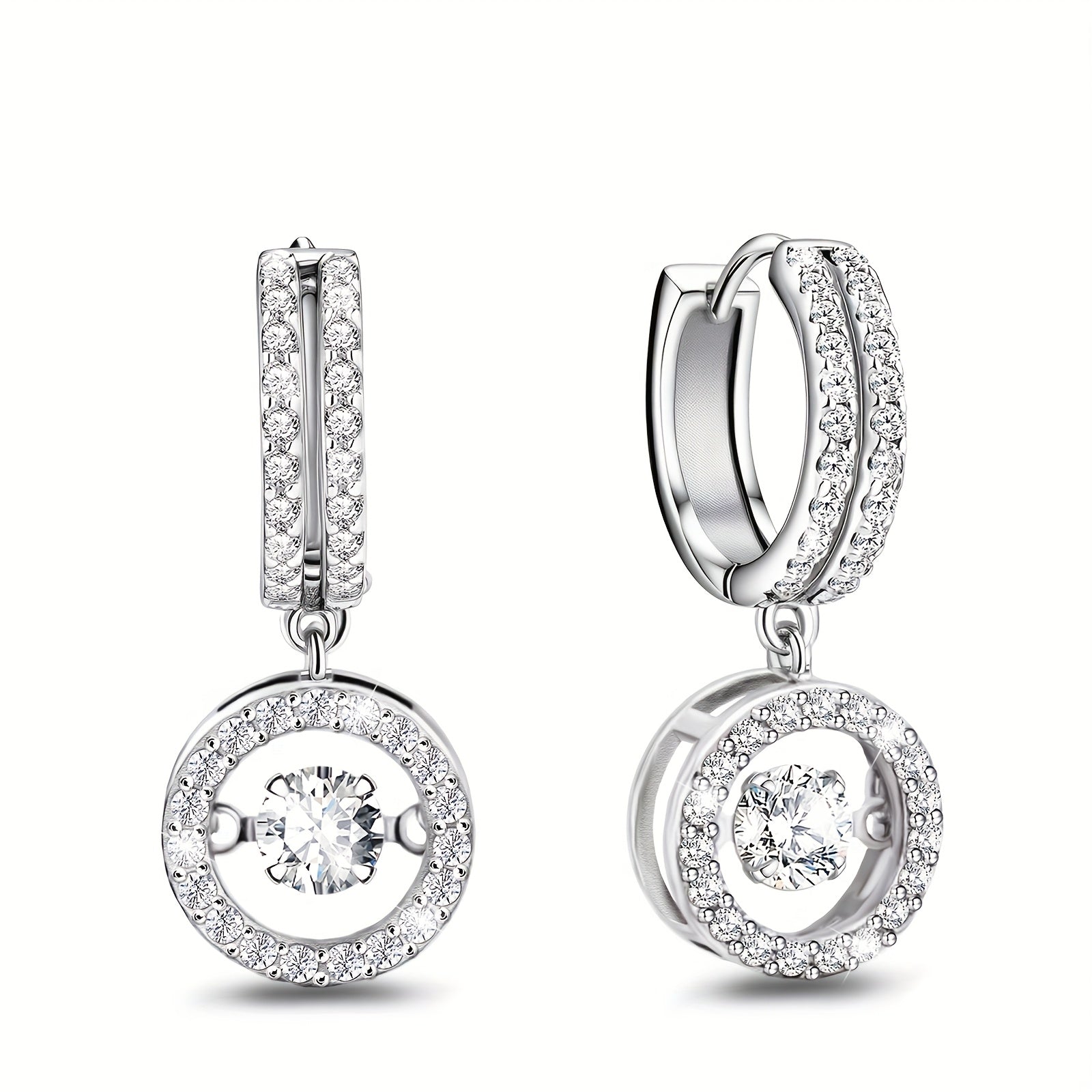 S925 Silvery Plated Sticker Earrings Charming Dancing Cubic Synthetic Zirconia Pendant Earrings Ladies' Shiny Circular Halo Cz Pendant Earrings, Clear Fashionable Jewelry Daughter's Mother's Birthday Party Gift