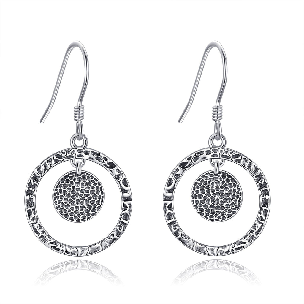 Hammered Earrings Sterling Silvery Hammered Dangle Drop Earrings Circle Jewelry Gift for Women