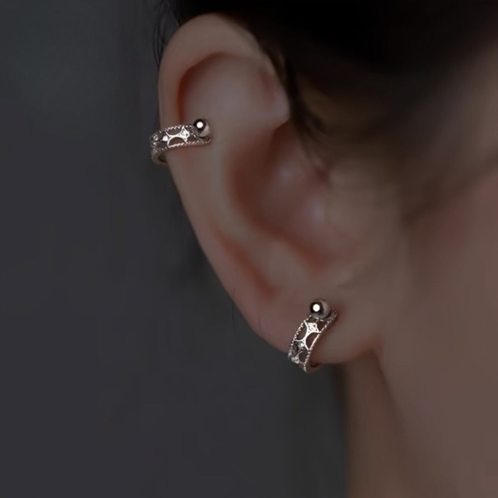 EJG Women's Hollow Star Half Round Earrings, Urban Fashion Sparkling Style, Light Luxury Niche, 925 Silver Bone Earrings Round Earrings, Hypoallergenic, Suitable for Daily, Back to and Festive Occasions