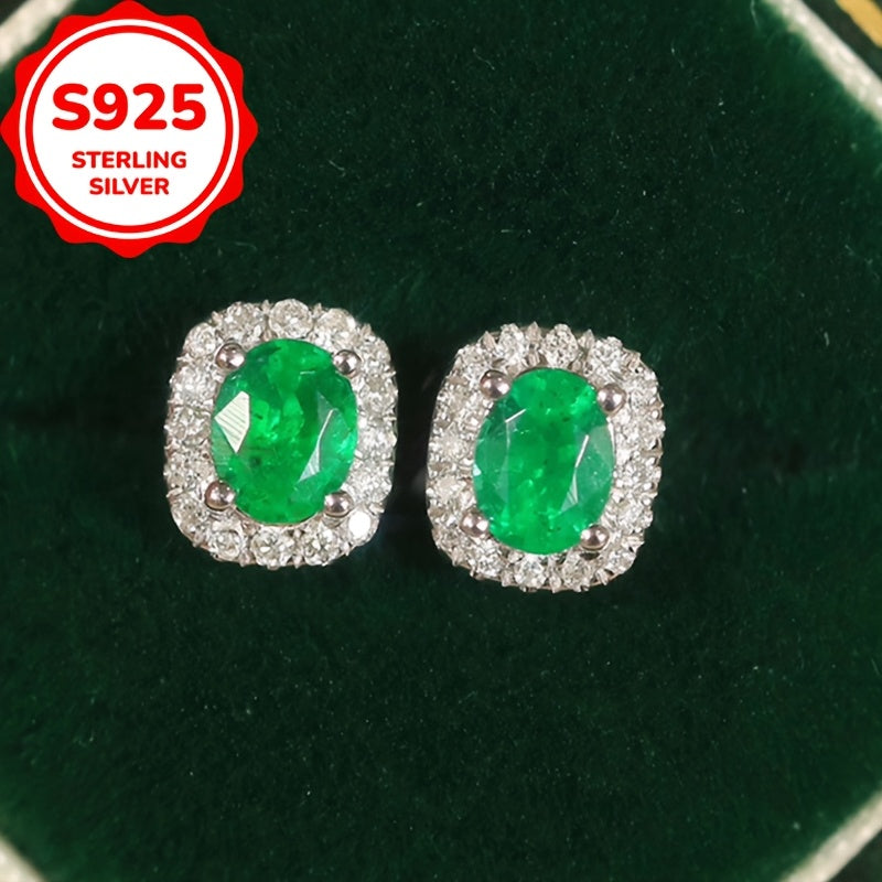 1pc S925 Sterling Silvery Unique Created-Emerald Oval Stud Earrings, Versatile French Luxury Style Women's Fashionable European & American Ear Accessories, Perfect Holiday Gift for Her