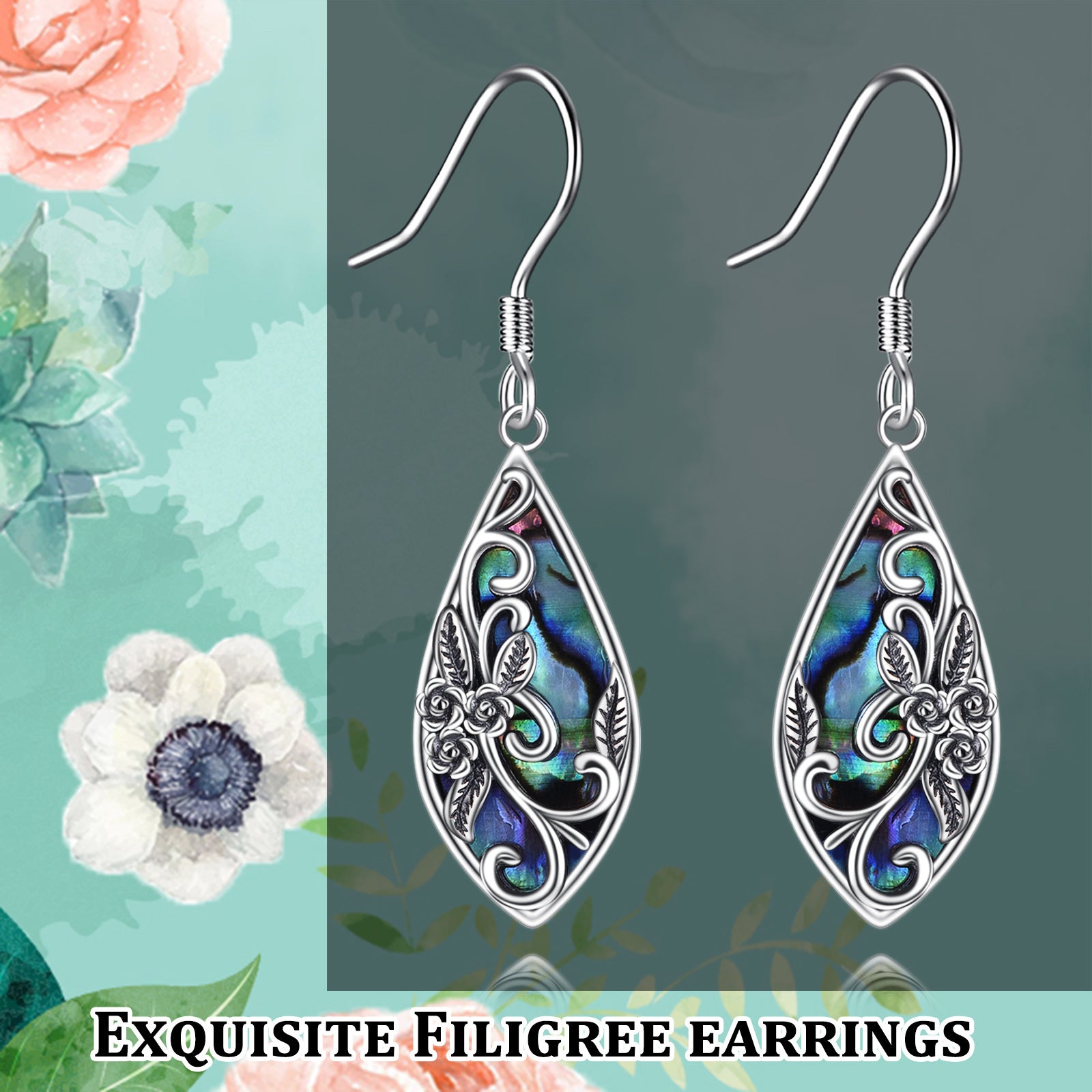 Silvery Earrings for Women Sterling Silvery Filigree Earrings Teardrop Dangle Drop Filigree Bohemia Jewelry Gift for Women Mother Mom