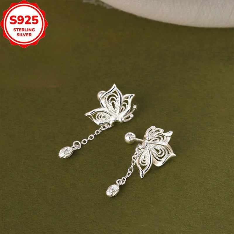 (2pcs) 925 Sterling Silver Butterfly Hollow Flower Bud Chain Tassel Earrings, Suitable for Daily Party Matching, The Best Gift for Ladies