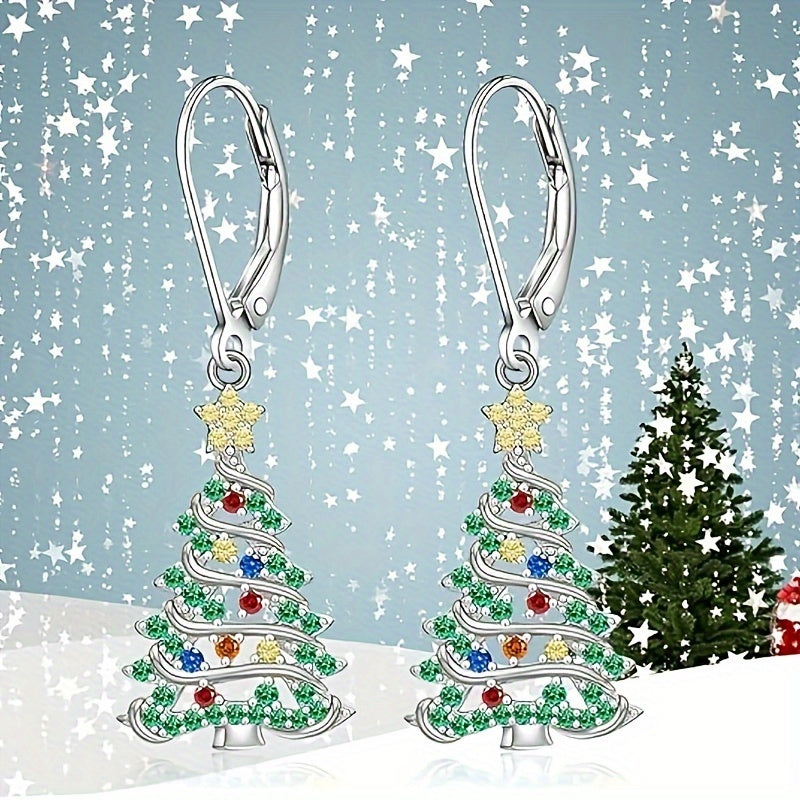 Elegant Christmas Tree Pendant Earrings Set with Shiny Cubic Synthetic Zirconia Nickel Free Copper, Suitable for Daily Wear And Parties