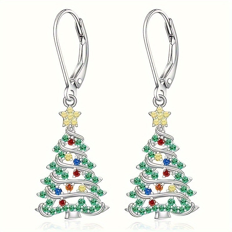 Elegant Christmas Tree Pendant Earrings Set with Shiny Cubic Synthetic Zirconia Nickel Free Copper, Suitable for Daily Wear And Parties