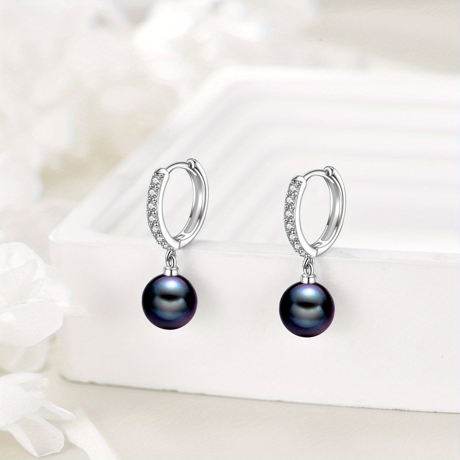 925 Sterling Silver Black Synthetic Pearl Hoop Earrings Dangle Drop Jewelry Gifts for Women (Black Synthetic Pearl-CZ)