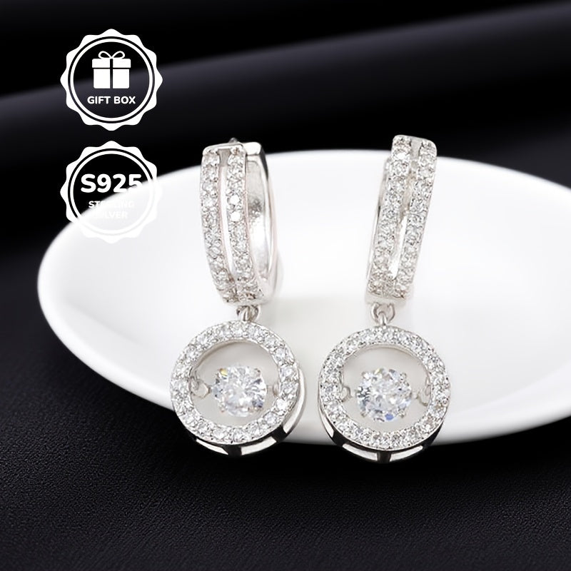 S925 Silvery Plated Sticker Earrings Charming Dancing Cubic Synthetic Zirconia Pendant Earrings Ladies' Shiny Circular Halo Cz Pendant Earrings, Clear Fashionable Jewelry Daughter's Mother's Birthday Party Gift