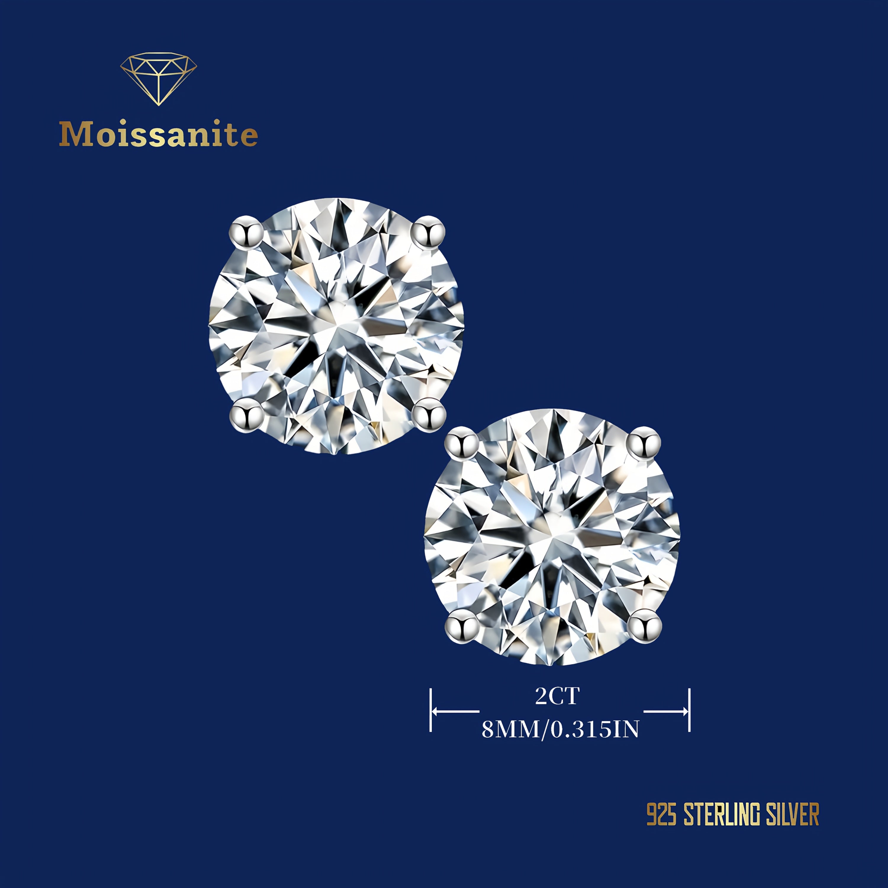 1 Pair Moissanite Stud Earrings 1CT, 2CT, 4CT, 6CT D Color VVS1 Clarity Brilliant Round Cut Lab Moissanite 18K gold plated White Golden Plated 925 Sterling 925 Silver Earring Jewelry Gifts for Men Girls with Jewelry Box, for Teenager