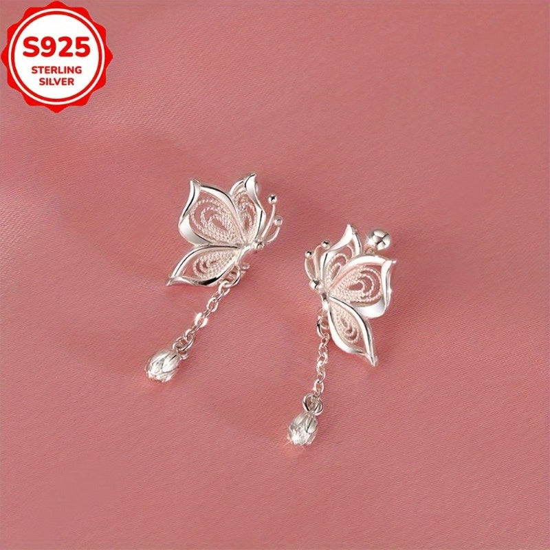 (2pcs) 925 Sterling Silver Butterfly Hollow Flower Bud Chain Tassel Earrings, Suitable for Daily Party Matching, The Best Gift for Ladies