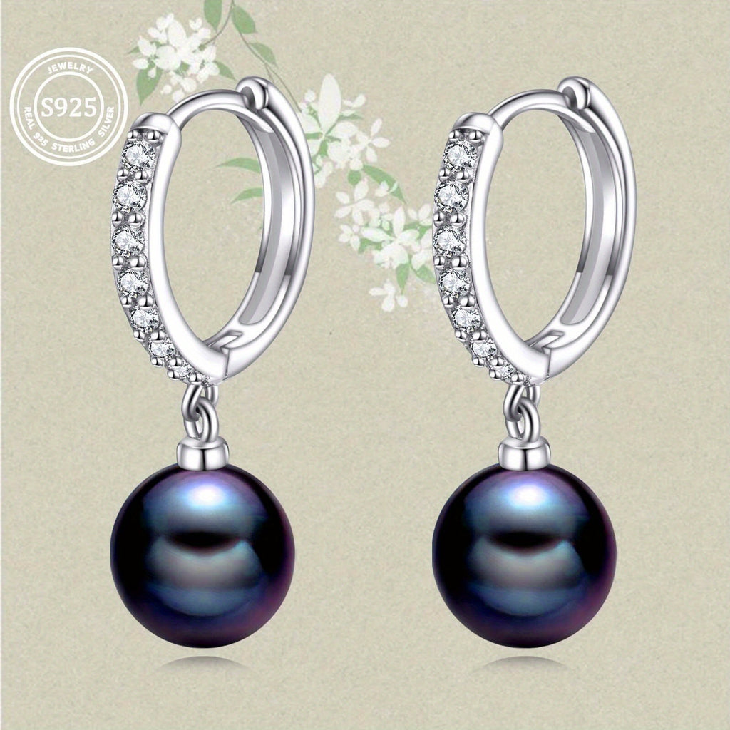 VONALA 925 Sterling Silver Black Synthetic Pearl Hoop Earrings with Sparkling Rhinestones - Dangle Drop Jewelry for Women, Elegant Gift for Christmas and Daily Wear, Christmas Earrings | Elegant Dangle Earrings | Rhinestone Accents, Pearl Earrings