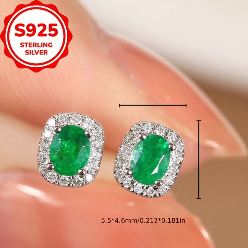 1pc S925 Sterling Silvery Unique Created-Emerald Oval Stud Earrings, Versatile French Luxury Style Women's Fashionable European & American Ear Accessories, Perfect Holiday Gift for Her