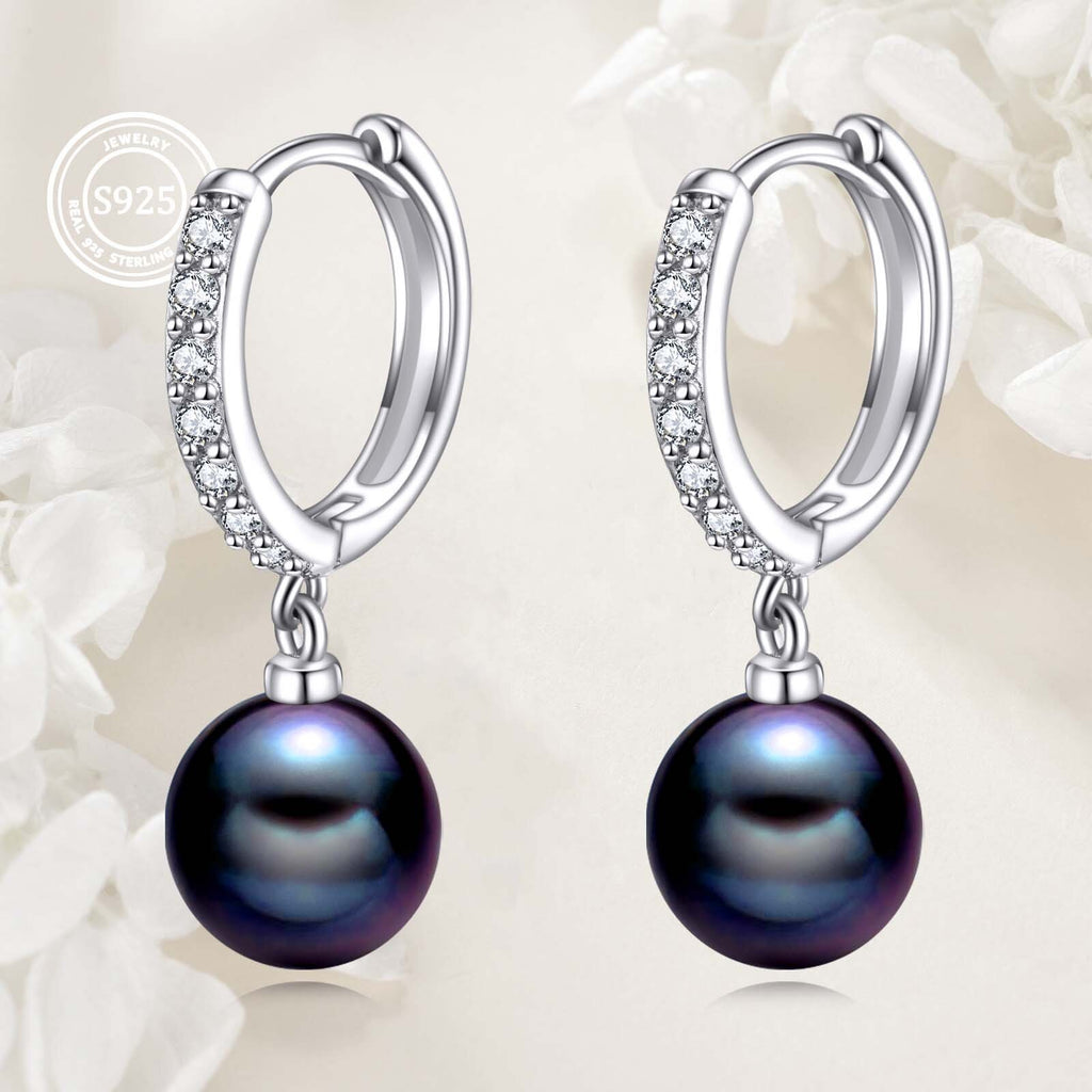 925 Sterling Silver Black Synthetic Pearl Hoop Earrings Dangle Drop Jewelry Gifts for Women (Black Synthetic Pearl-CZ)